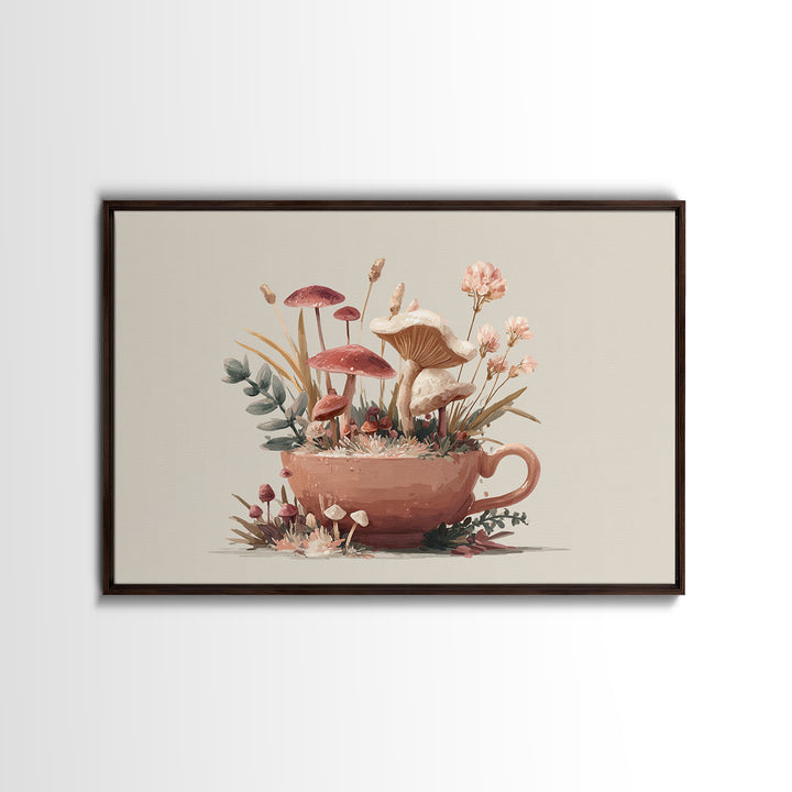 Teacup Garden with Tiny Mushrooms Framed Canvas Print, Whimsical Art, Dopamine Decor, Living Room Decor, Fine Art, Wonder, WHI-3x2-8