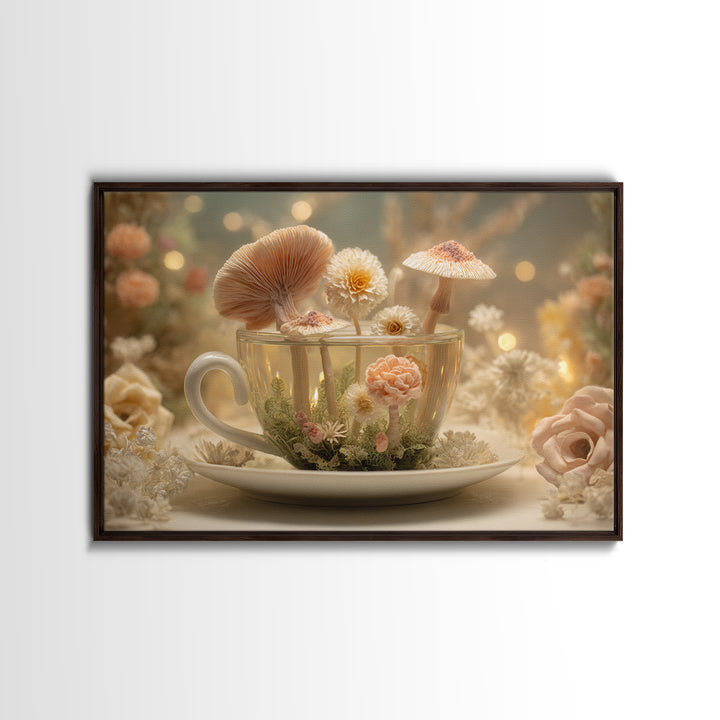 Teacup Garden with Tiny Mushrooms Framed Canvas Print, Whimsical Art, Home Decor, Living Room Decor, Fine Art, Wonder, WHI-3x2-80