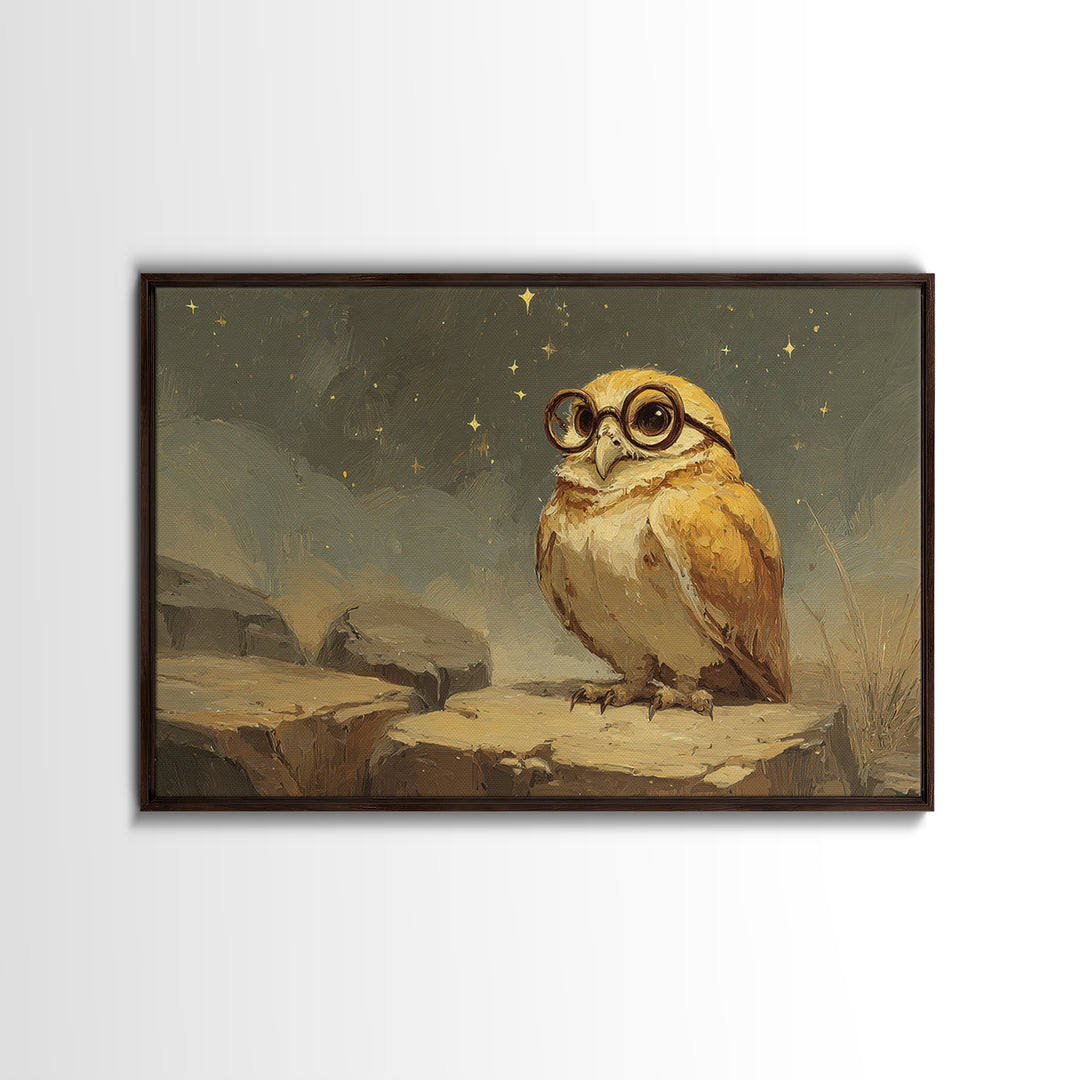 Owl Wearing Spectacles Among Stars Framed Canvas Print, Whimsical Art, Nursery Prints, Living Room Decor, Oil Painting, Wonder, WHI-3x2-82