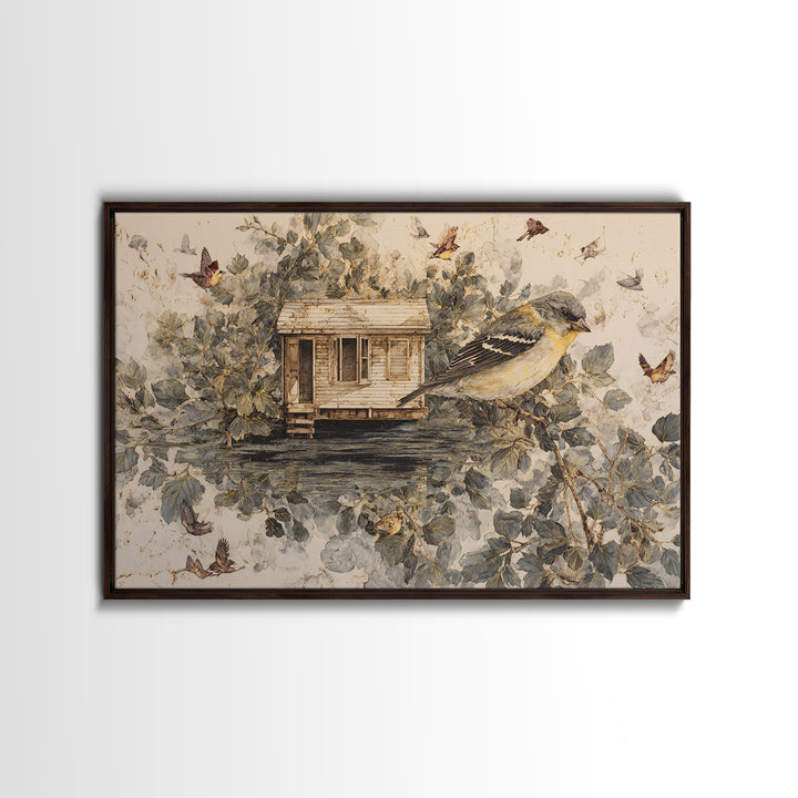 Floating House Carried by Colorful Birds Canvas Print, Whimsical Art, Framed Wall Art, Living Room Decor, Fine Art, Wonder, WHI-3x2-83