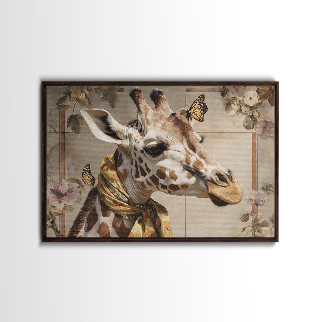 Giraffe with Scarf and Butterflies Framed Canvas Print, Whimsical Art, Nursery Wall Decor, Living Room Decor, Fine Art, Wonder, WHI-3x2-86