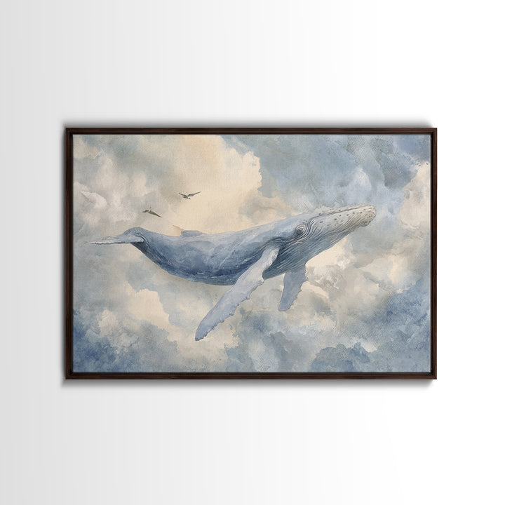 Whale Flying Through Clouds Like Ocean Canvas Print, Whimsical Art, Boho Decor, Living Room Decor, Wonder, Digital Art, WHI-3x2-89