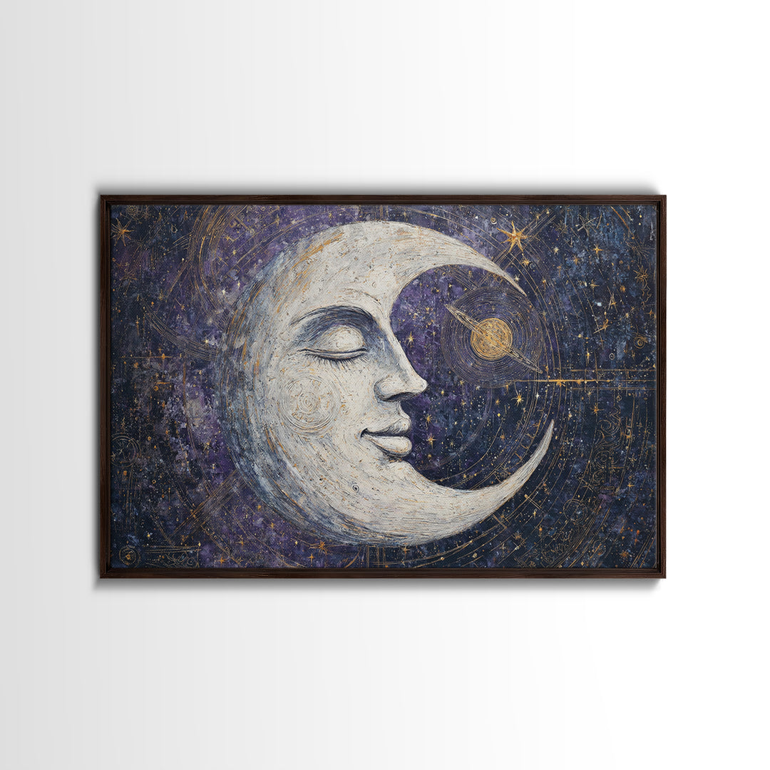 Moon with Sleeping Face and Dangling Stars Framed Canvas Print, Whimsical Art, Art Print, Living Room Decor, Fine Art, Wonder, WHI-3x2-92
