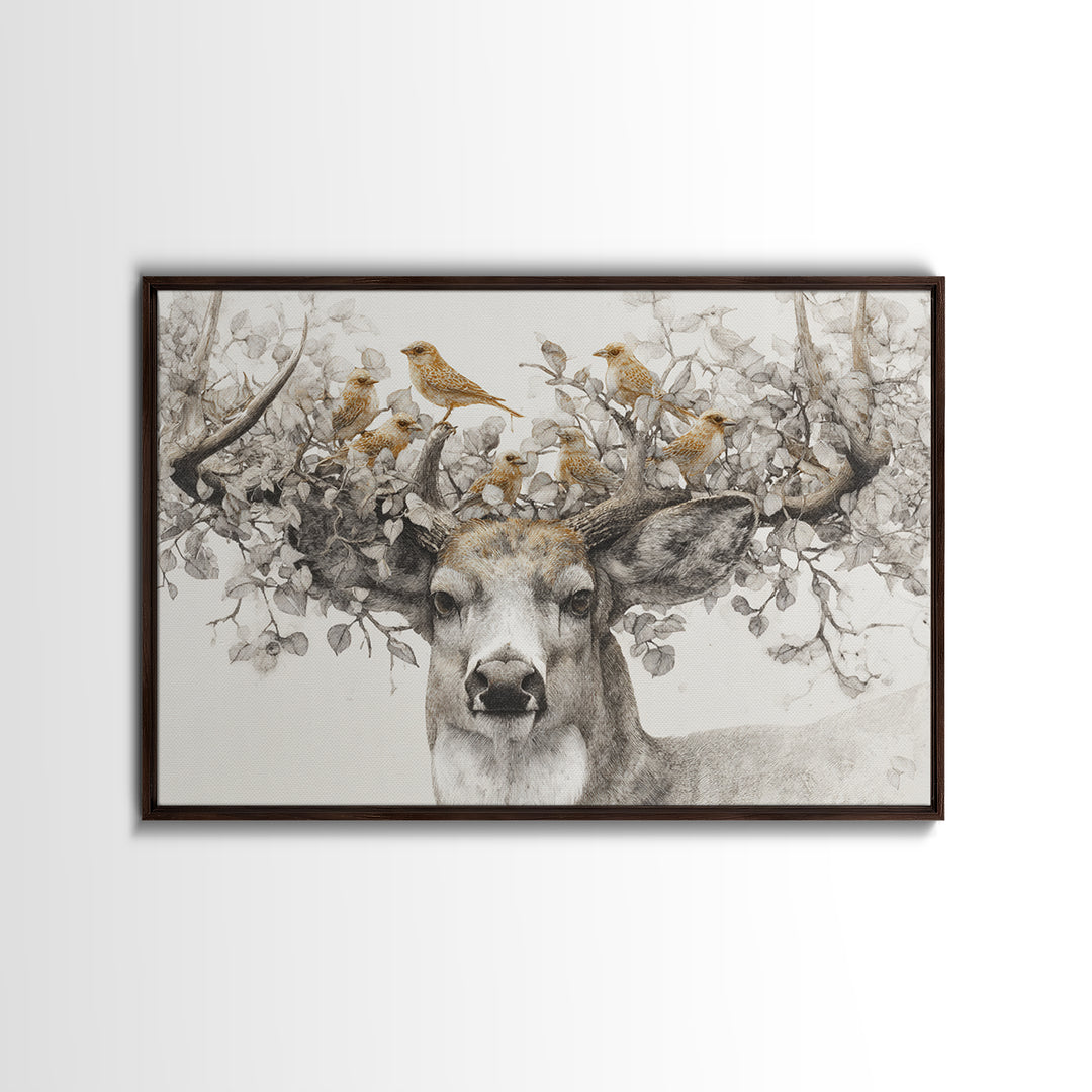 Deer with Antlers Full of Birds Framed Canvas Print, Whimsical Art, Original Art, Living Room Decor, Fine Art, Wonder, WHI-3x2-95