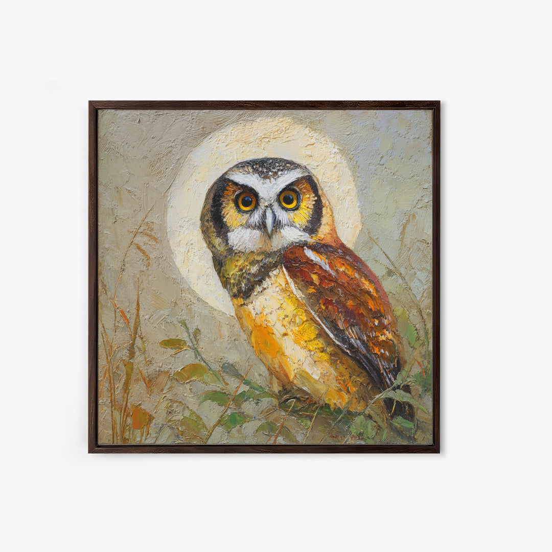 Owl Perched in Moonlit Woodland Framed Canvas Print, Wildlife Art, Wall Decor, Living Room Decor, Wild, Living Room Wall Art, WIL-1x1-12