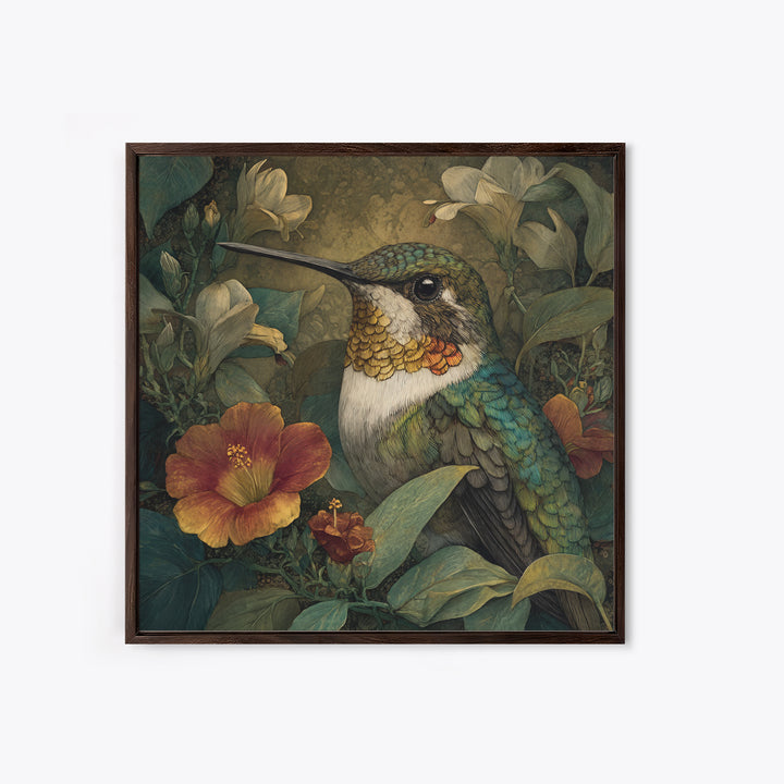 Hummingbird Beside Bright Flowers Framed Canvas Print, Wildlife Art, Canvas Print, Living Room Decor, Fine Art, Wild, WIL-1x1-16