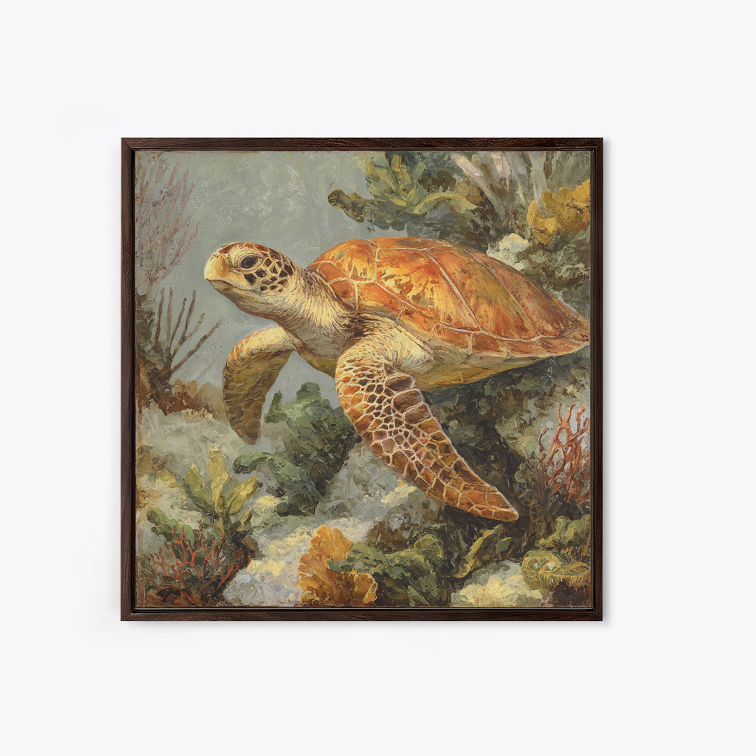 Sea Turtle over Coral Reef Canvas Print, Wildlife Art, Living Room Wall Art, Living Room Decor, Wild, Unique Home Decor, WIL-1x1-18