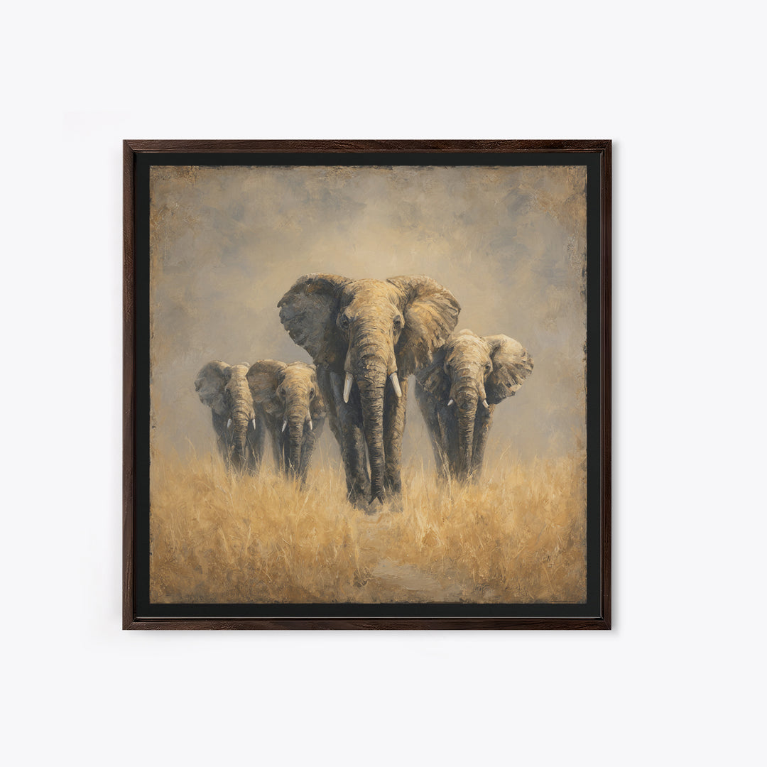 Elephant Herd Walking Through Dusty Sunset Framed Canvas Print, Wildlife Art, Bedroom Wall Art, Living Room Decor, Wild, WIL-1x1-2