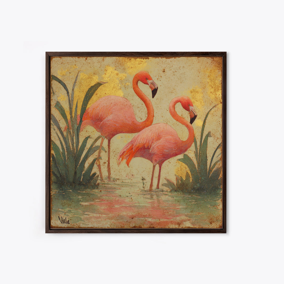 Flamingos in Pink Shallow Water Canvas Print, Wildlife Art, Bird Art, Living Room Decor, Oil Painting, Wild, Original Artwork, WIL-1x1-22