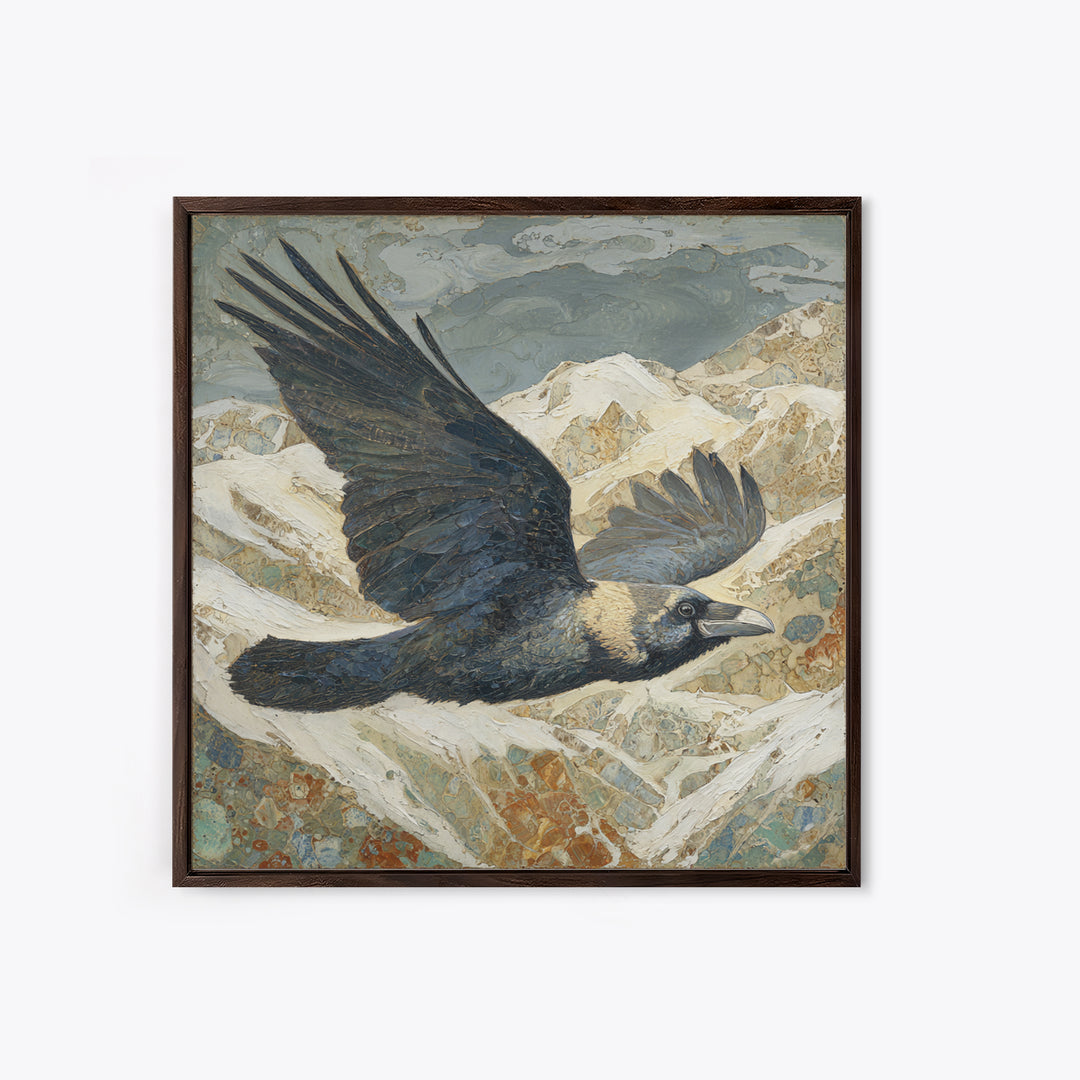Raven Flying Through Snowy Mountains Framed Canvas Print, Wildlife Art, Living Room Art, Living Room Decor, Fine Art, Wild, WIL-1x1-24