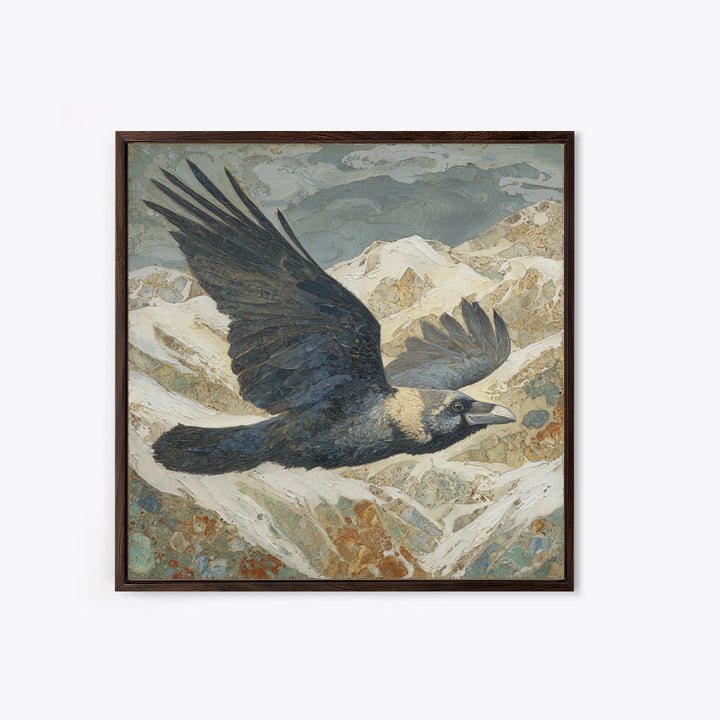 Raven Flying Through Snowy Mountains Framed Canvas Print, Wildlife Art, Living Room Art, Living Room Decor, Fine Art, Wild, WIL-1x1-24