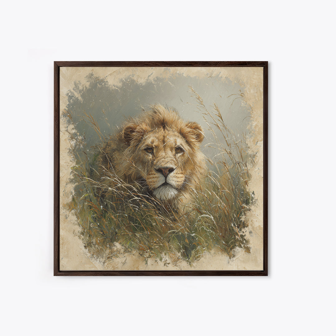 Lion Emerging from Golden Savanna Grass Canvas Print, Wildlife Art, Modern Decor, Living Room Decor, Fine Art, Wild, Home Decor, WIL-1x1-25