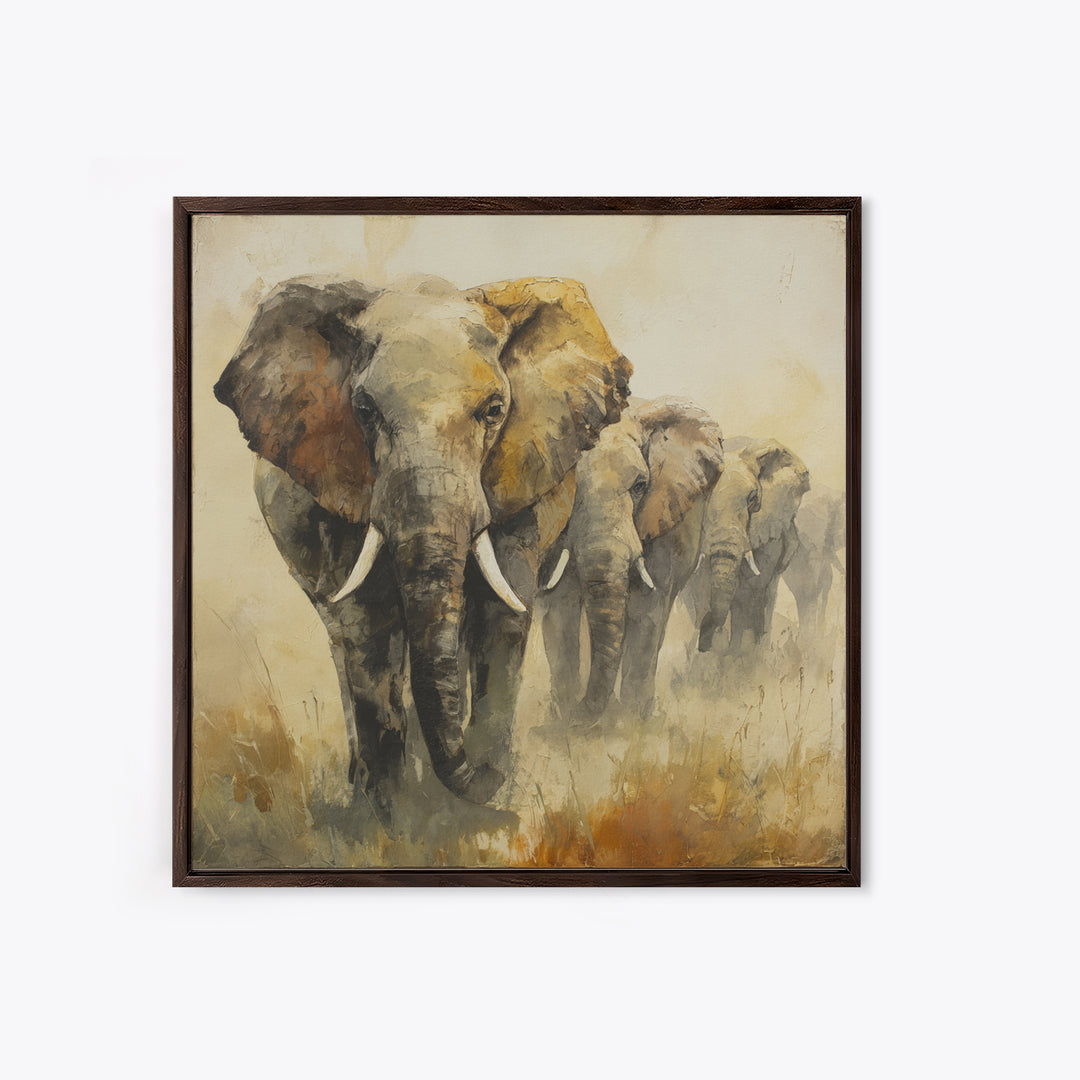 Elephant Herd Walking Through Dusty Sunset Canvas Print, Wildlife Art, Canvas Painting, Living Room Decor, Fine Art, Wild, WIL-1x1-26