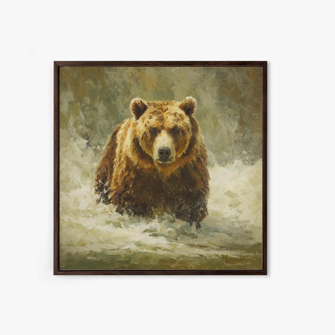 Bear Fishing in Rushing Mountain River Framed Canvas Print, Wildlife Art, Digital Wall Art, Living Room Decor, Fine Art, Wild, WIL-1x1-28