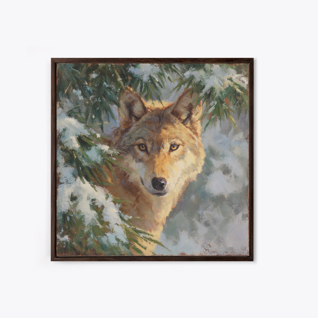 Wolf Standing Beneath Snowy Pine Trees Canvas Print, Wildlife Art, Canvas Wall Art, Living Room Decor, Abstract Art, Wild, WIL-1x1-3
