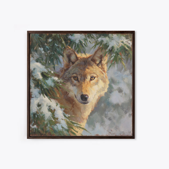 Wolf Standing Beneath Snowy Pine Trees Canvas Print, Wildlife Art, Canvas Wall Art, Living Room Decor, Abstract Art, Wild, WIL-1x1-3