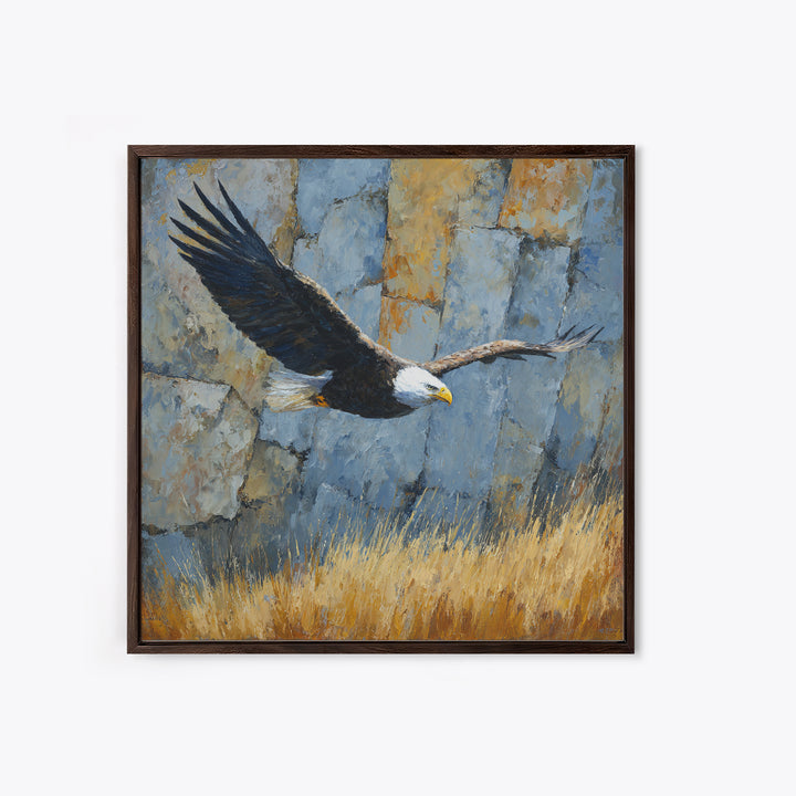 Eagle Soaring Above Rocky Cliffs Canvas Print, Wildlife Art, Bird Wall Art, Living Room Decor, Oil Painting, Wild, Luxury Decor, WIL-1x1-30