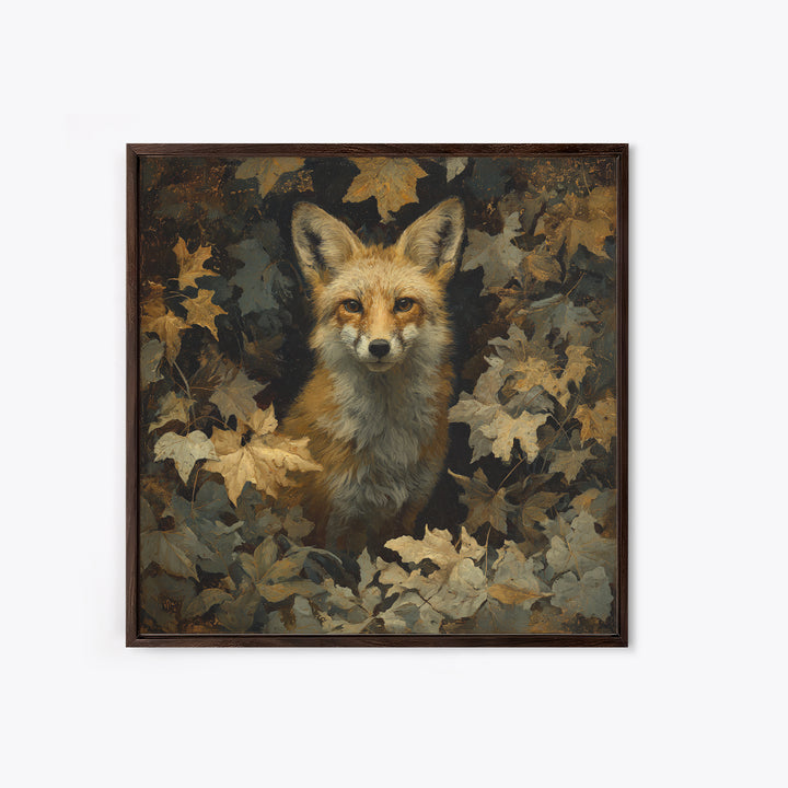 Fox in Autumn Forest Leaves Framed Canvas Print, Wildlife Art, Statement Artwork, Living Room Decor, Fine Art, Wild, Wall Decor, WIL-1x1-33