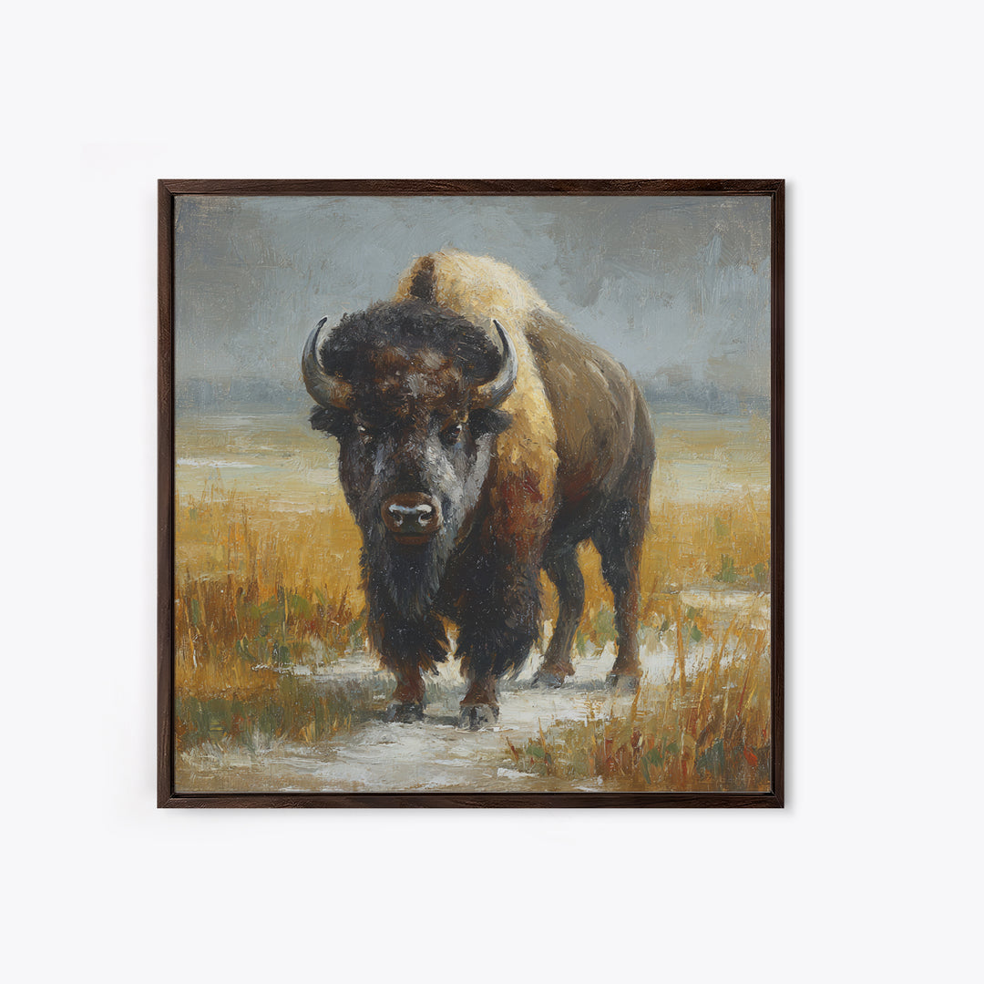 Bison on Wide Western Prairie Framed Canvas Print, Wildlife Art, Original Artwork, Living Room Decor, Oil Painting, Wild, WIL-1x1-37