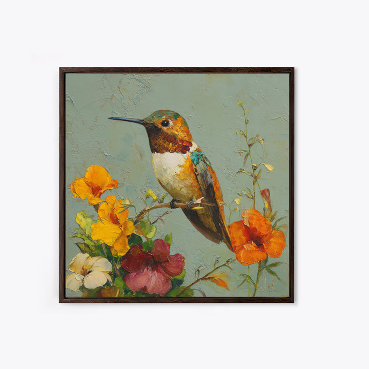 Hummingbird Beside Bright Flowers Framed Canvas Print, Wildlife Art, Art Print, Living Room Decor, Watercolor Art, Wild, WIL-1x1-40