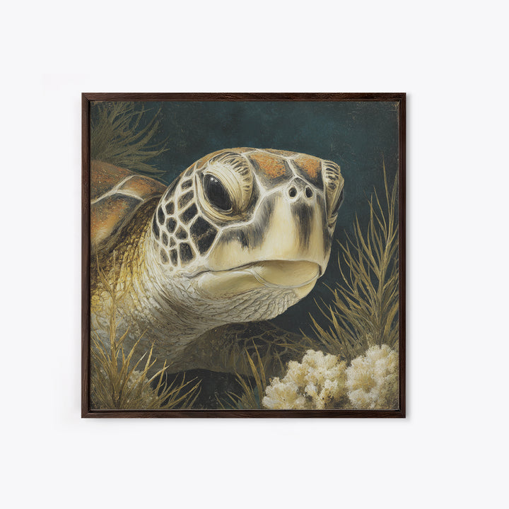 Sea Turtle over Coral Reef Framed Canvas Print, Wildlife Art, Digital Download Art, Living Room Decor, Abstract Art, Wild, WIL-1x1-42