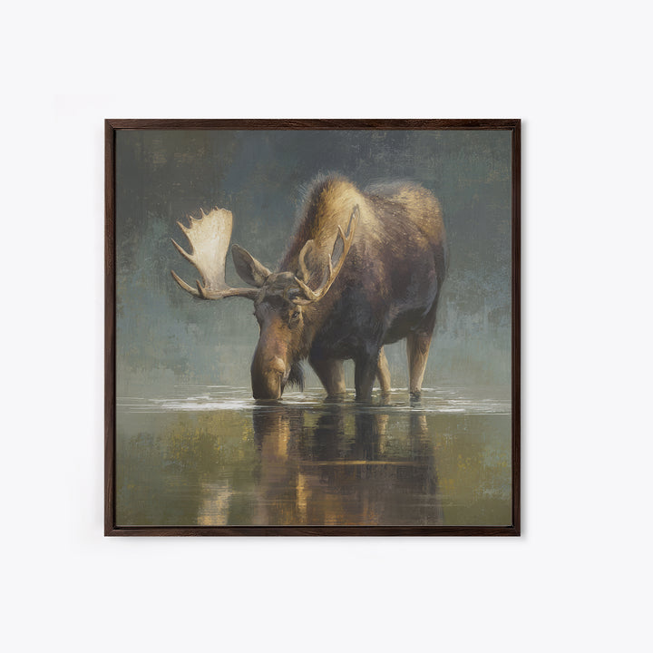 Moose Standing in Reflective Lake Framed Canvas Print, Wildlife Art, Modern Art, Living Room Decor, Wild, Neutral Decor, WIL-1x1-43