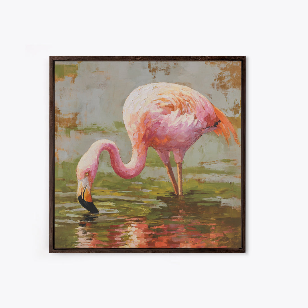 Flamingos in Pink Shallow Water Framed Canvas Print, Wildlife Art, Living Room Art, Living Room Decor, Fine Art, Wild, WIL-1x1-46