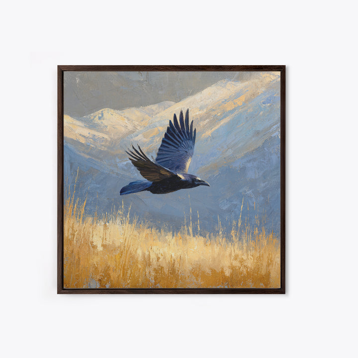 Raven Flying Through Snowy Mountains Framed Canvas Print, Wildlife Art, Art, Living Room Decor, Oil Painting, Wild, WIL-1x1-48