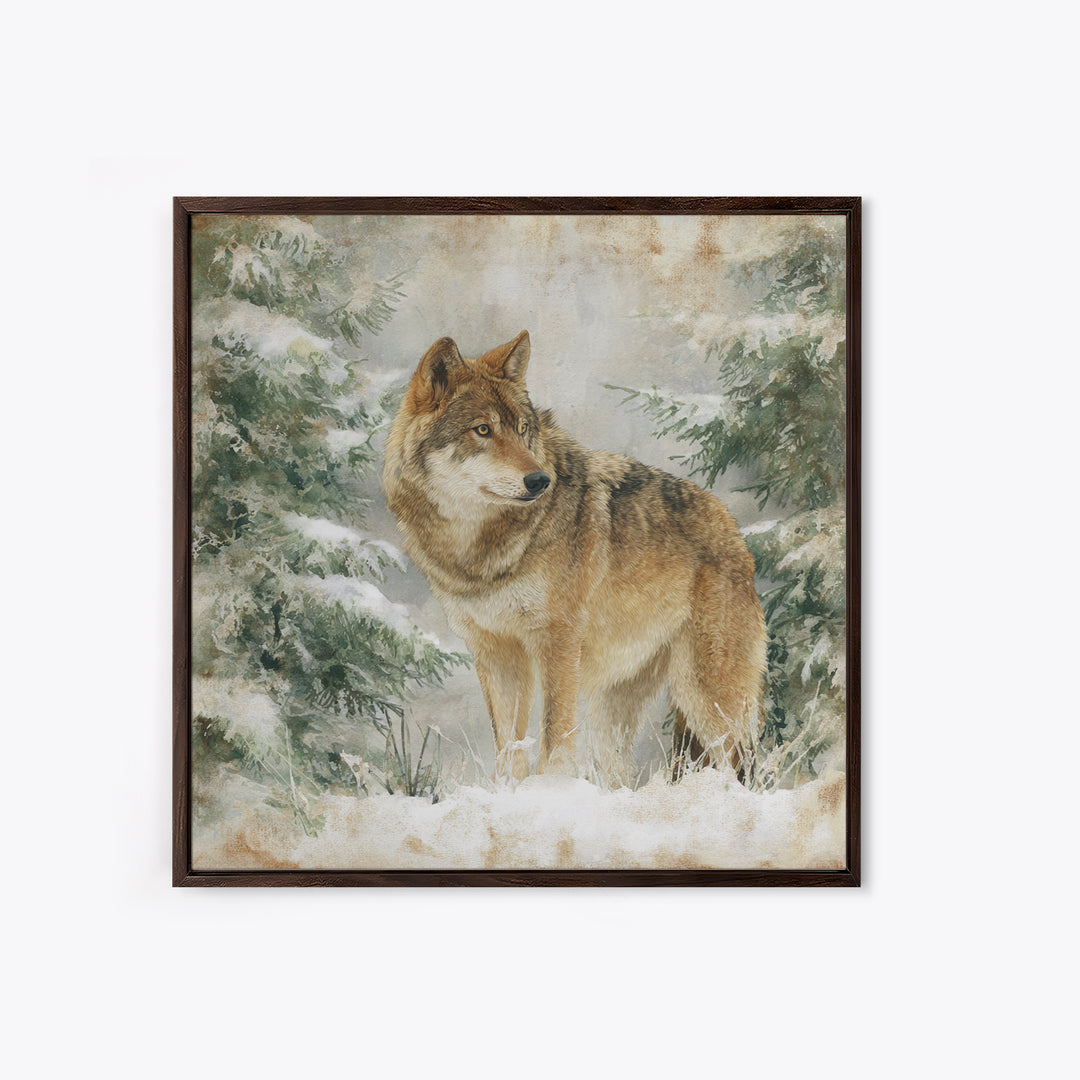 Wolf Standing Beneath Snowy Pine Trees Framed Canvas Print, Wildlife Art, Rustic Home Decor, Living Room Decor, Oil Painting, WIL-1x1-51