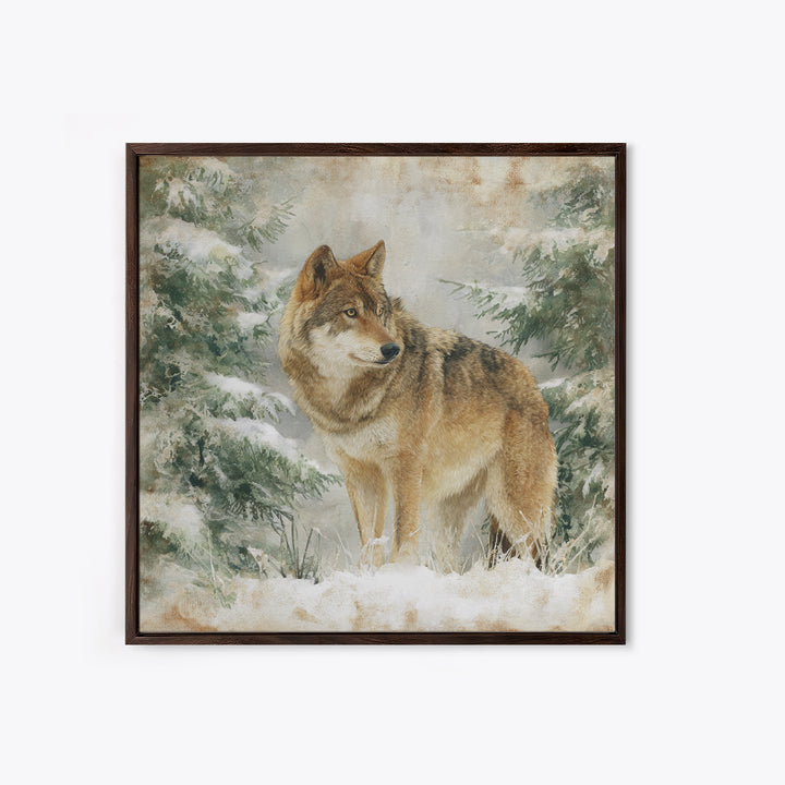 Wolf Standing Beneath Snowy Pine Trees Framed Canvas Print, Wildlife Art, Rustic Home Decor, Living Room Decor, Oil Painting, WIL-1x1-51