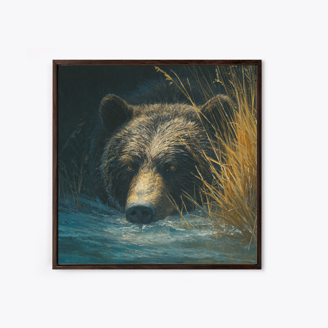 Bear Fishing in Rushing Mountain River Framed Canvas Print, Wildlife Art, Bedroom Wall Art, Living Room Decor, Fine Art, Wild, WIL-1x1-52