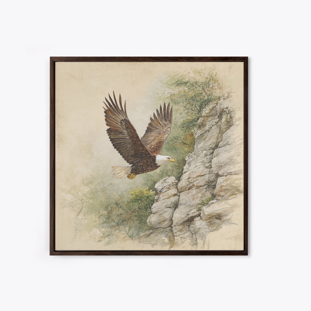 Eagle Soaring Above Rocky Cliffs Canvas Print, Wildlife Art, Bird Wall Art, Living Room Decor, Oil Painting, Wild, Luxury Decor, WIL-1x1-54