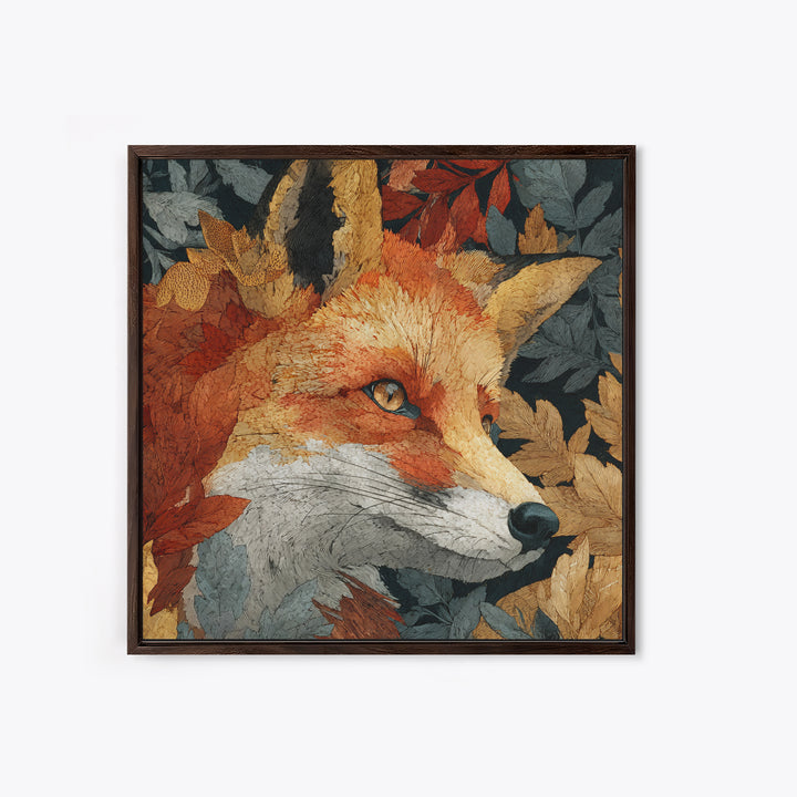 Fox in Autumn Forest Leaves Framed Canvas Print, Wildlife Art, Statement Artwork, Living Room Decor, Fine Art, Wild, Wall Decor, WIL-1x1-57