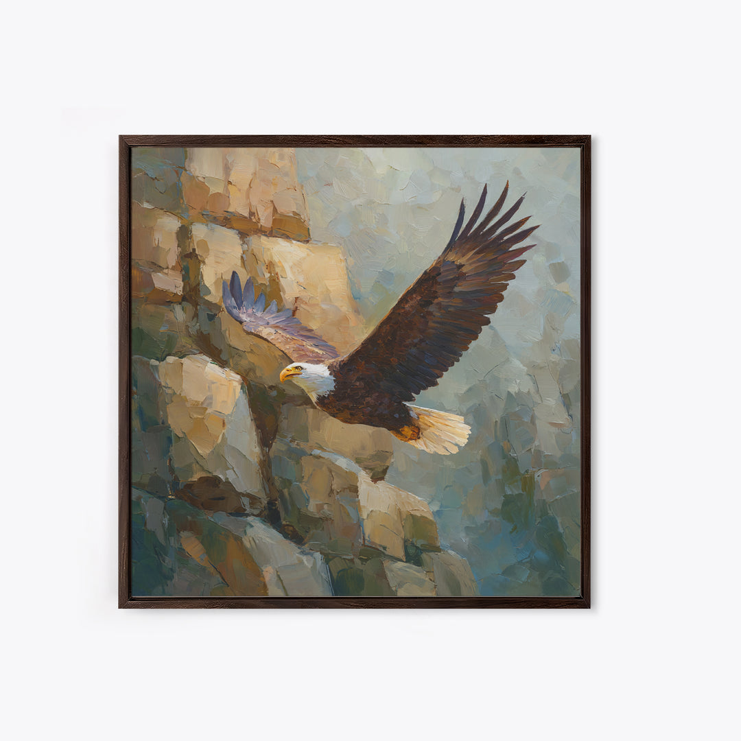 Eagle Soaring Above Rocky Cliffs Framed Canvas Print, Wildlife Art, Modern Art, Living Room Decor, Watercolor Art, Wild, WIL-1x1-6