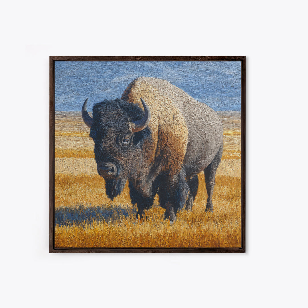 Bison on Wide Western Prairie Framed Canvas Print, Wildlife Art, Original Artwork, Living Room Decor, Oil Painting, Wild, WIL-1x1-61