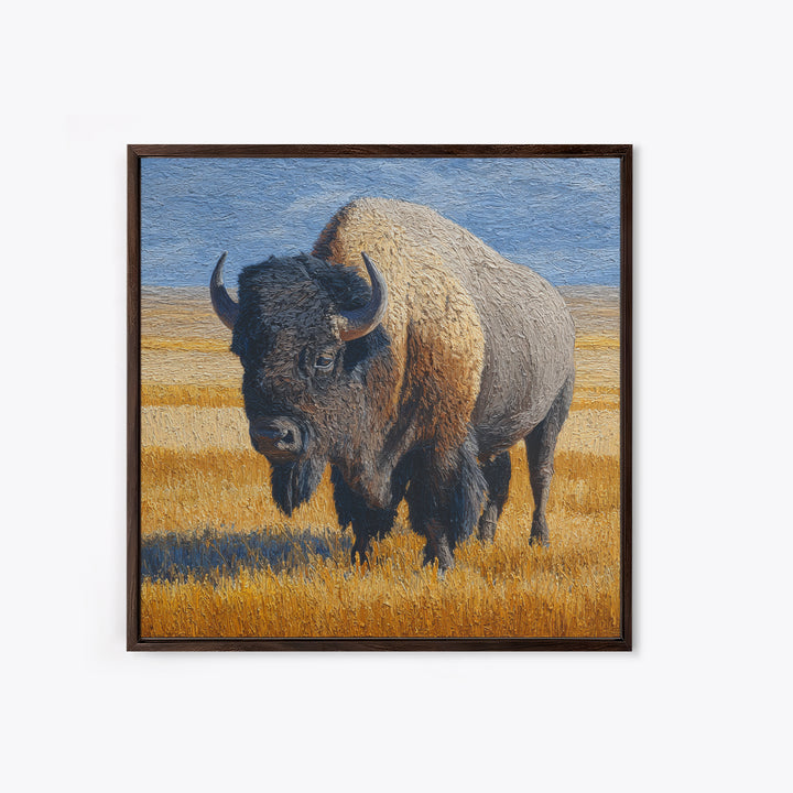 Bison on Wide Western Prairie Framed Canvas Print, Wildlife Art, Original Artwork, Living Room Decor, Oil Painting, Wild, WIL-1x1-61