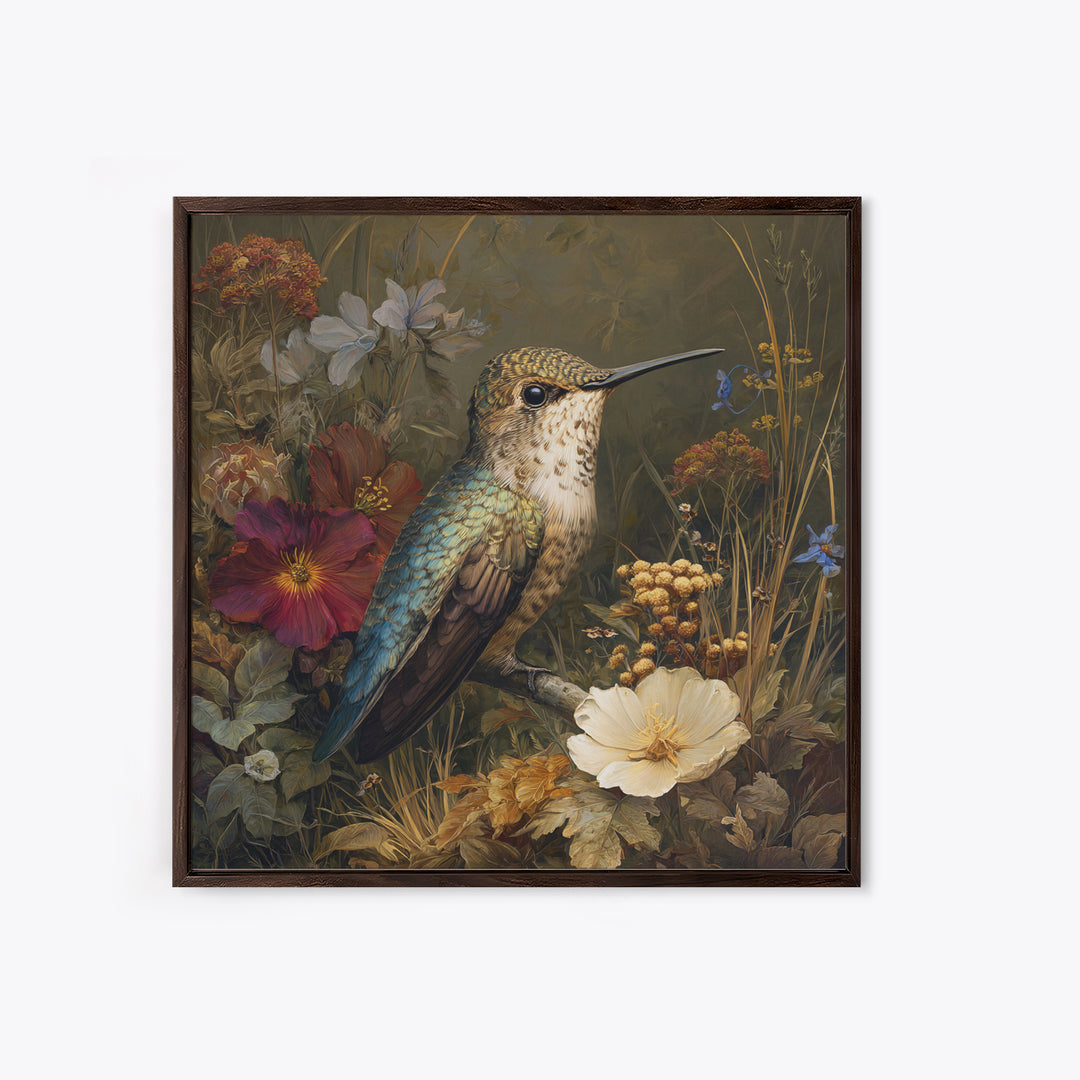 Hummingbird Beside Bright Flowers Framed Canvas Print, Wildlife Art, Bird Art, Living Room Decor, Watercolor Art, Wild, WIL-1x1-64