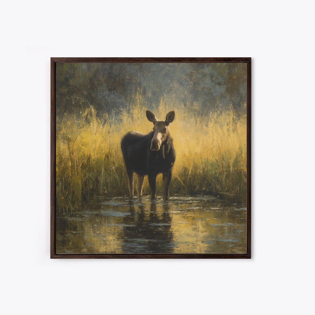 Moose Standing in Reflective Lake Framed Canvas Print, Wildlife Art, Gallery Decor, Living Room Decor, Fine Art, Wild, WIL-1x1-67
