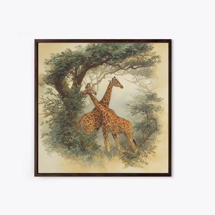 Giraffe Pair under Acacia Tree Framed Canvas Print, Wildlife Art, Living Room Decor, Fine Art, Wild, Living Room Art, WIL-1x1-7
