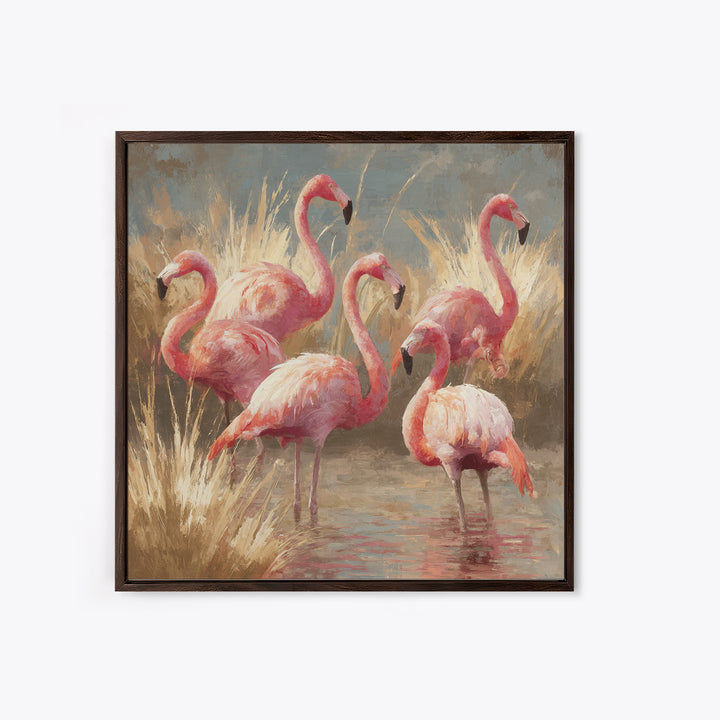 Flamingos in Pink Shallow Water Framed Canvas Print, Wildlife Art, Living Room Art, Living Room Decor, Fine Art, Wild, WIL-1x1-70