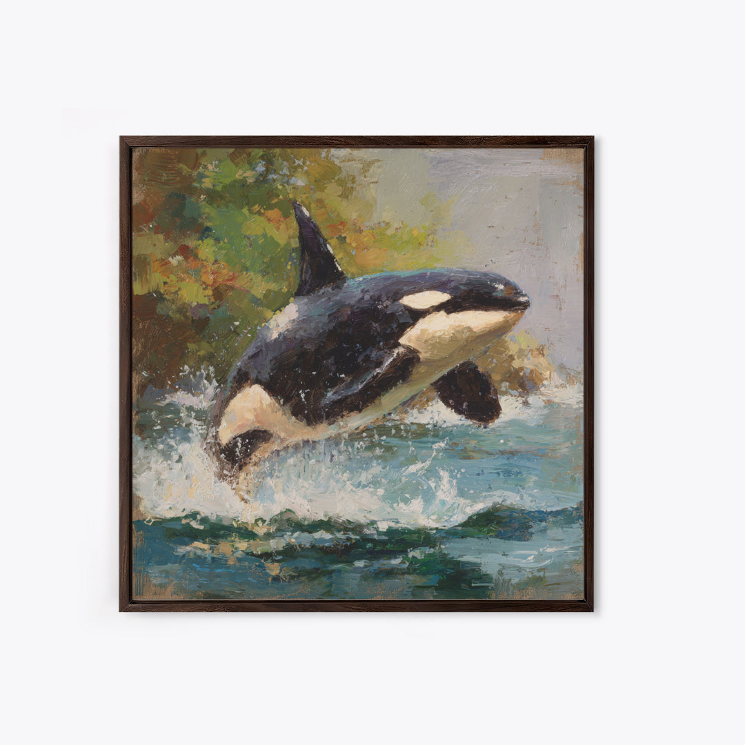 Orca Breaching in Cold Ocean Framed Canvas Print, Wildlife Art, Nature Wall Art, Living Room Decor, Fine Art, Wild, Art Print, WIL-1x1-71