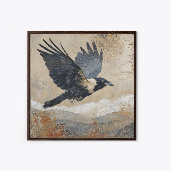 Raven Flying Through Snowy Mountains Framed Canvas Print, Wildlife Art, Bird Wall Art, Living Room Decor, Fine Art, Wild, WIL-1x1-72