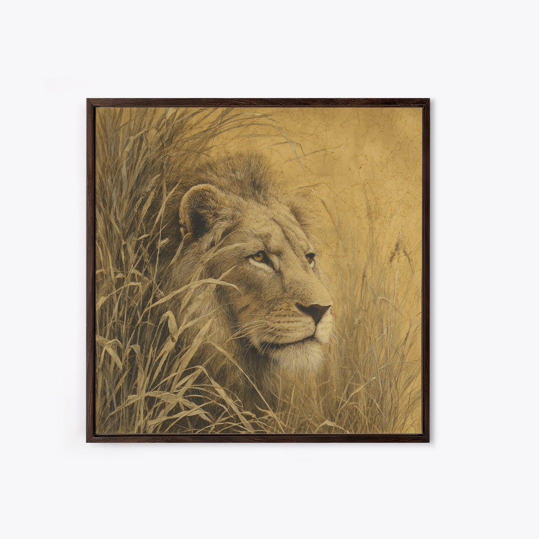 Lion Emerging from Golden Savanna Grass Framed Canvas Print, Wildlife Art, Art Print, Living Room Decor, Watercolor Art, Wild, WIL-1x1-73