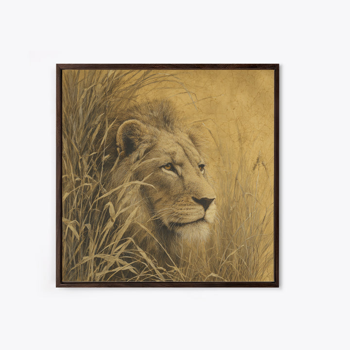 Lion Emerging from Golden Savanna Grass Framed Canvas Print, Wildlife Art, Art Print, Living Room Decor, Watercolor Art, Wild, WIL-1x1-73
