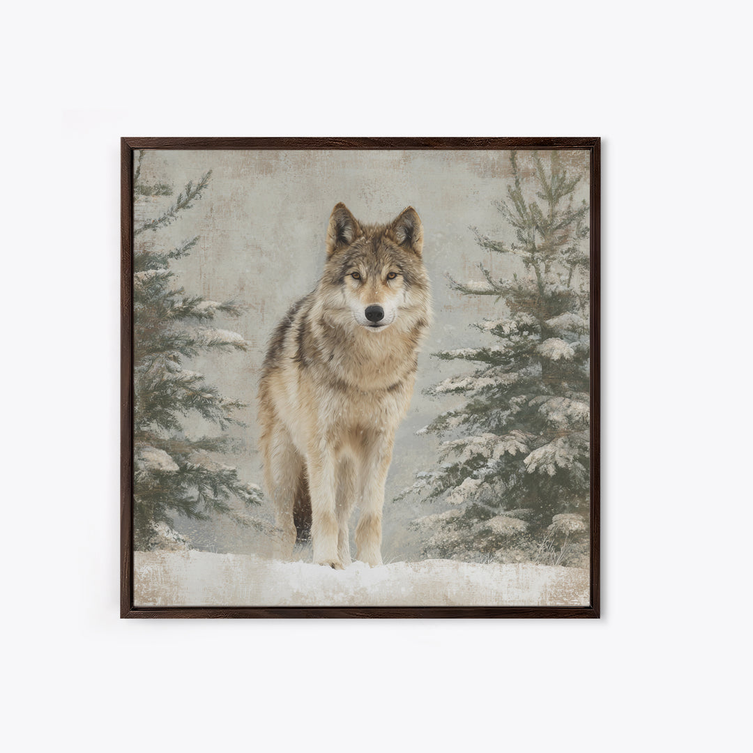 Wolf Standing Beneath Snowy Pine Trees Canvas Print, Wildlife Art, Modern Decor, Living Room Decor, Fine Art, Wild, Home Decor, WIL-1x1-75