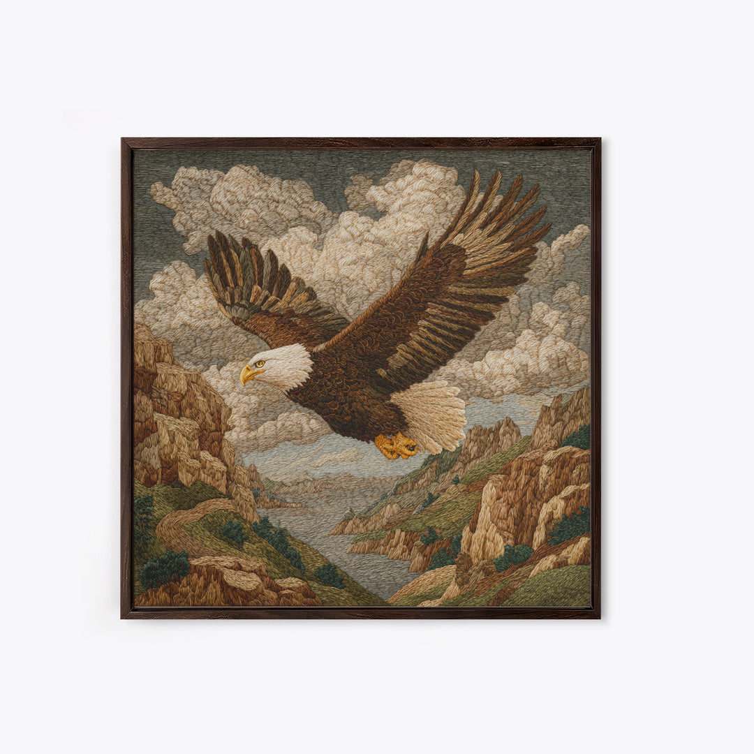 Eagle Soaring Above Rocky Cliffs Framed Canvas Print, Wildlife Art, Gallery Decor, Living Room Decor, Fine Art, Wild, WIL-1x1-78