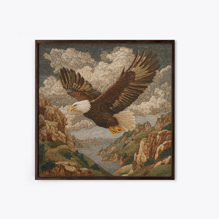 Eagle Soaring Above Rocky Cliffs Framed Canvas Print, Wildlife Art, Gallery Decor, Living Room Decor, Fine Art, Wild, WIL-1x1-78