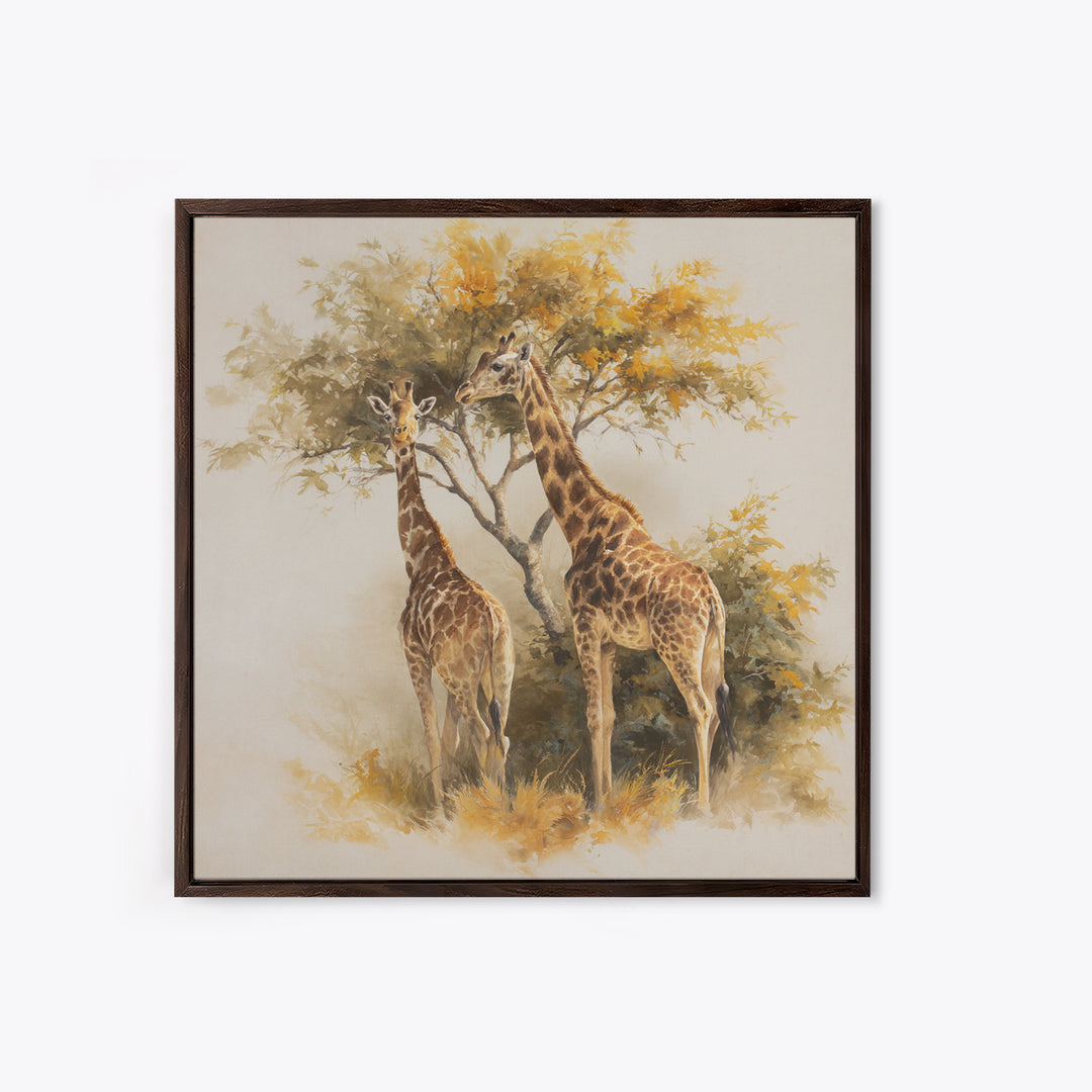 Giraffe Pair under Acacia Tree Framed Canvas Print, Wildlife Art, Fine Art Print, Living Room Decor, Oil Painting, Wild, WIL-1x1-79