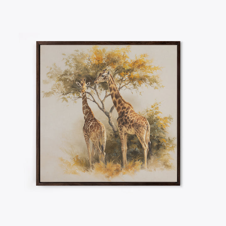 Giraffe Pair under Acacia Tree Framed Canvas Print, Wildlife Art, Fine Art Print, Living Room Decor, Oil Painting, Wild, WIL-1x1-79