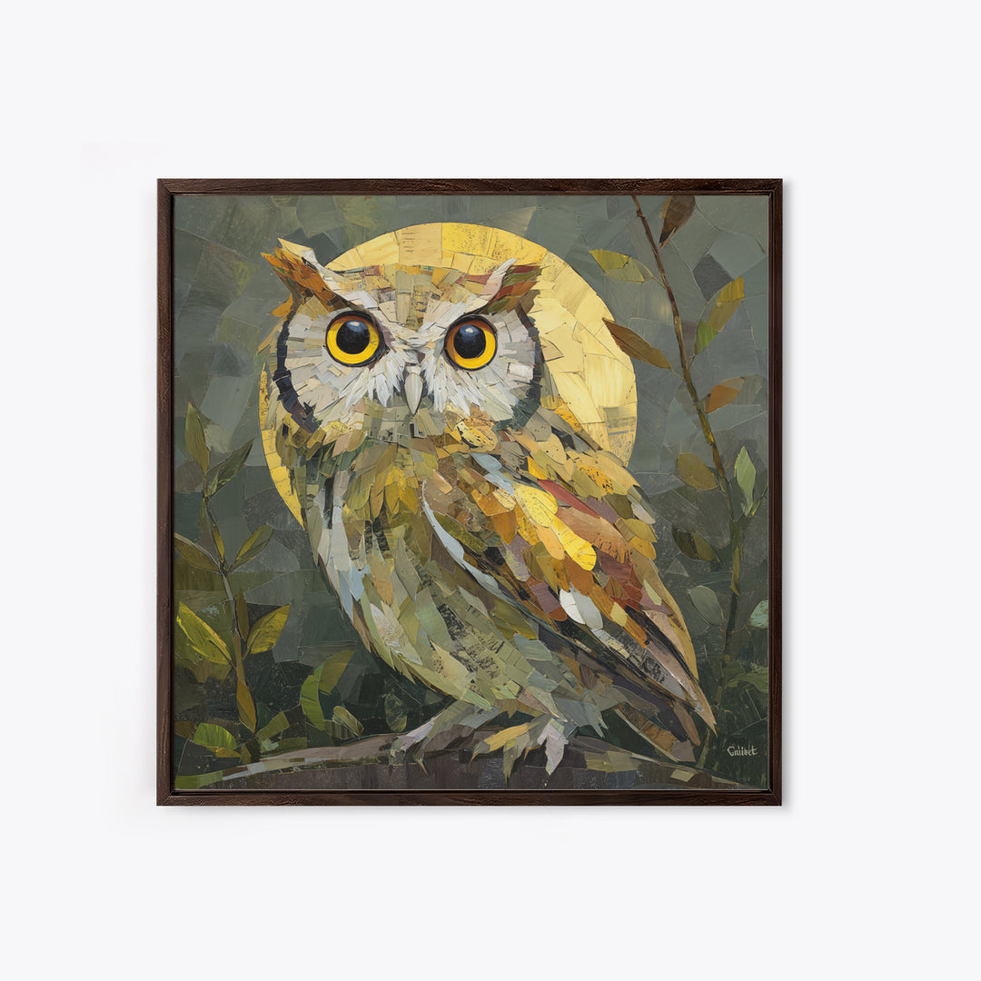 Owl Perched in Moonlit Woodland Framed Canvas Print, Wildlife Art, Nature Wall Art, Living Room Decor, Abstract Art, Wild, WIL-1x1-84